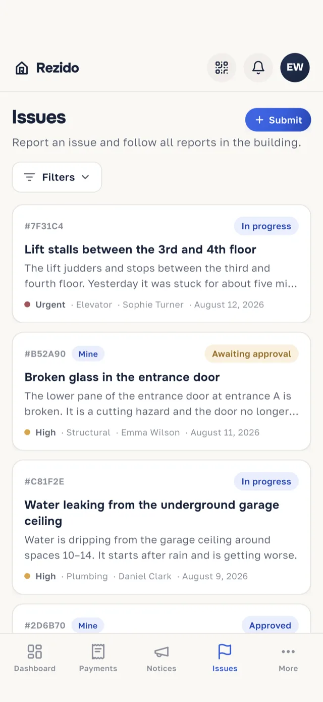 The "Issues" screen in the Rezido mobile app