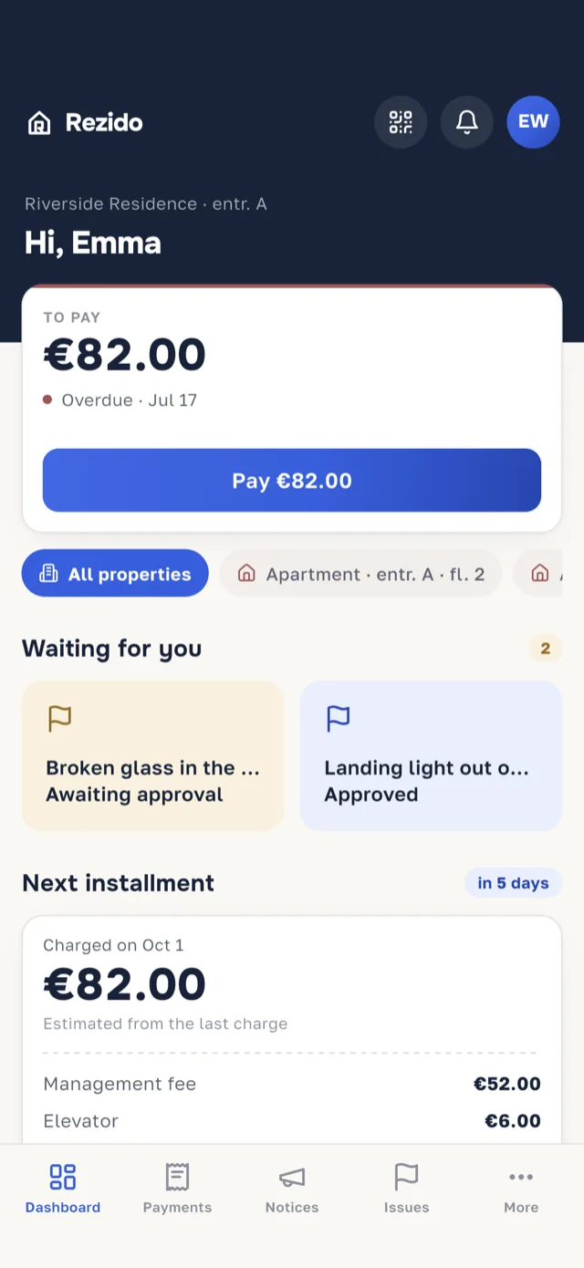 The "Dashboard" screen in the Rezido mobile app