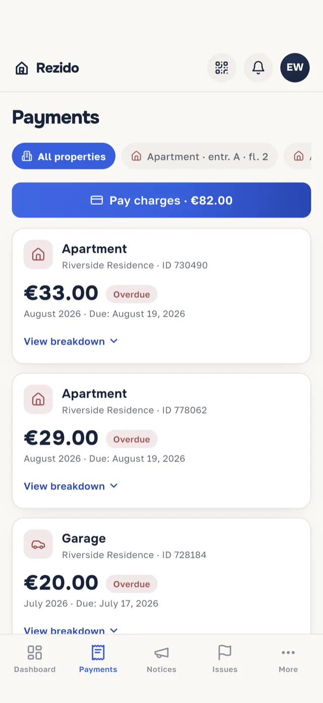 The "Payments" screen in the Rezido mobile app